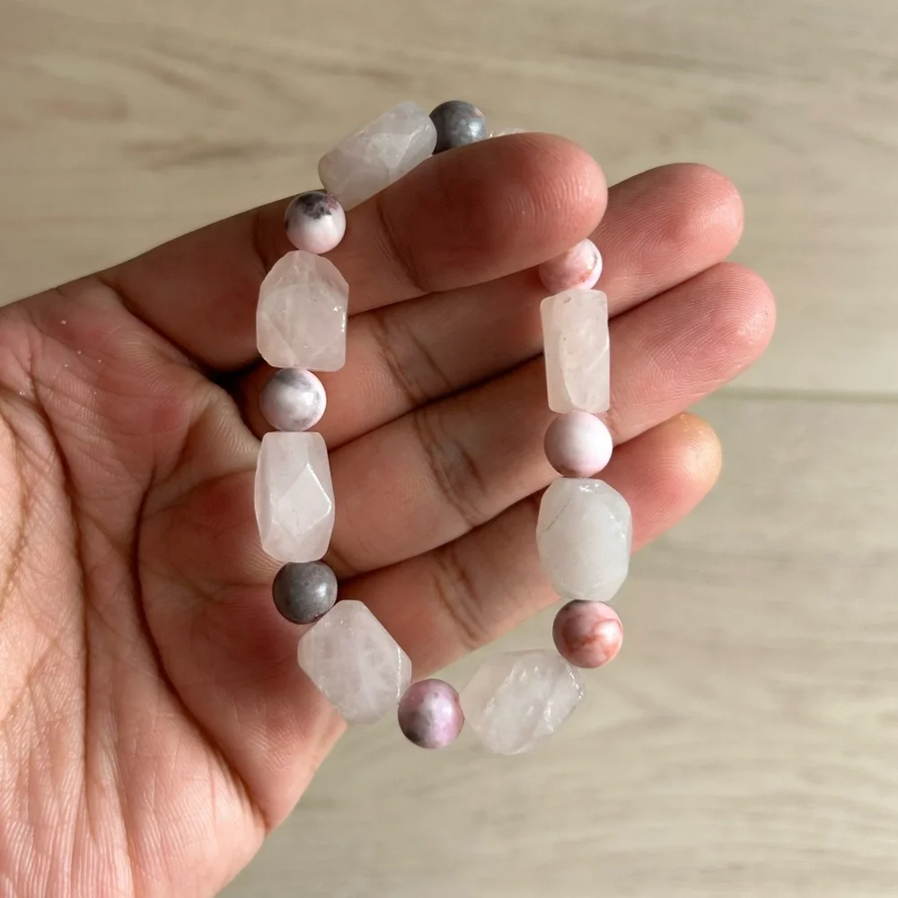 Handmade Faceted Rose Quartz and Rhodonite Beaded Stretch Bracelet, 6-6.5